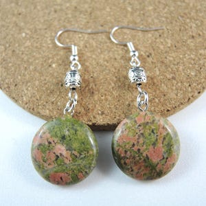 Unakite Gemstone Dangle Drop Earrings: Antique Silver Beads, Bohemian Style