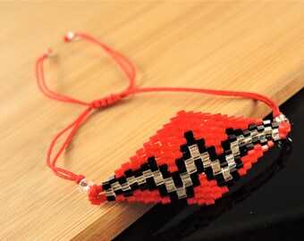 Red, Silver, Black Miyuki Beaded, Diamond Shape, Fashion, Adjustable Handmade Bracelet # 785