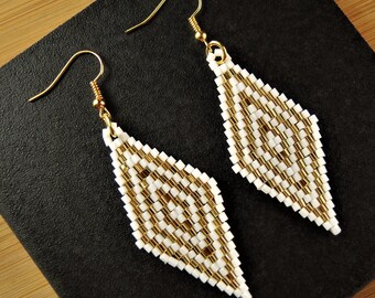 White Gold Miyuki Beaded Handmade Dangle Fashion Bohemian Earrings with Gold Hypo Allergenic Hooks # 528