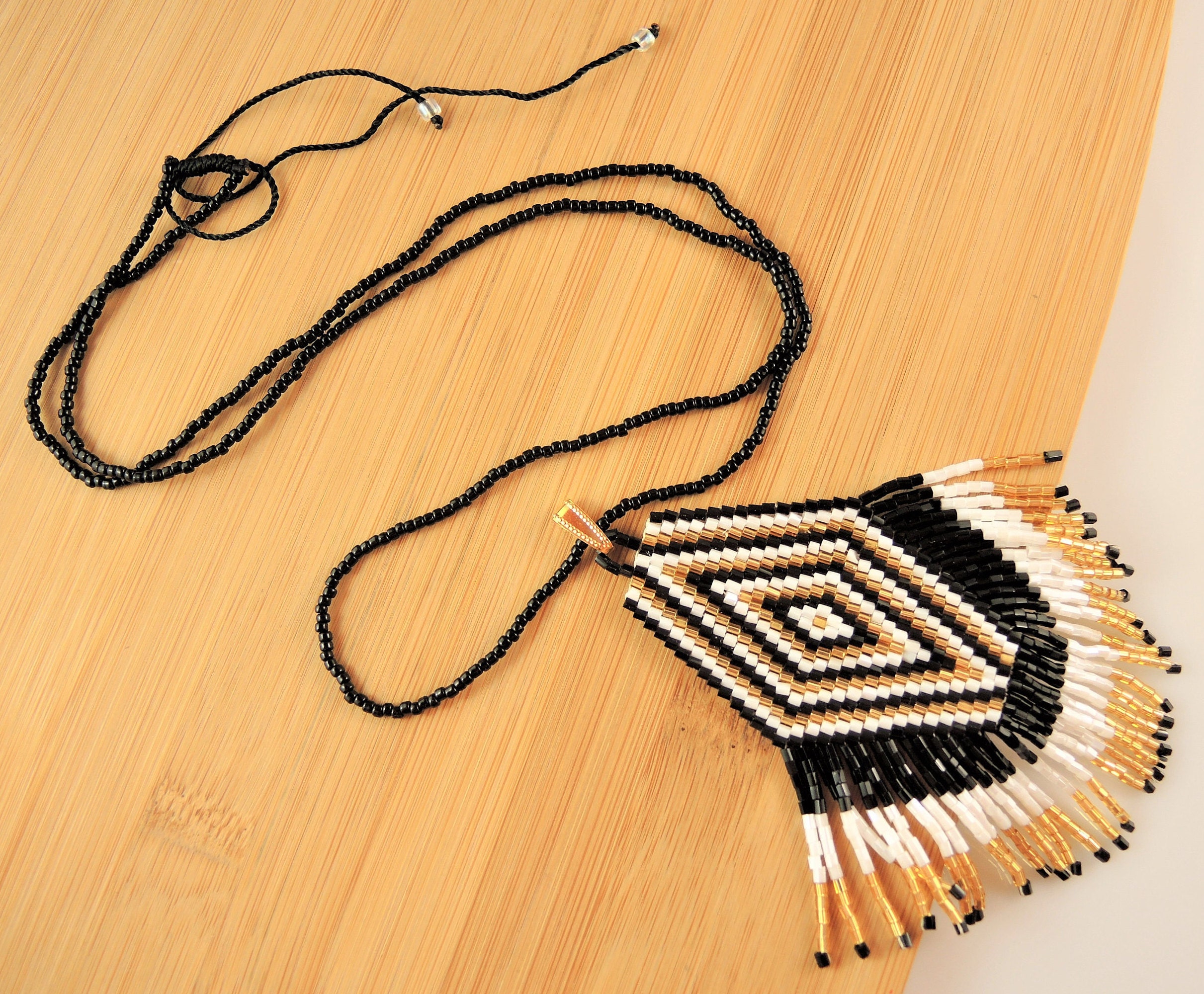 Miyuki, Handmade, Black, White, Gold, Beaded, Large Pendant Miyuki, Handmade, Black, White, Gold, Beaded, Large Pendant