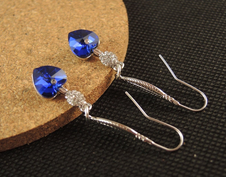 Dark Blue Glass Heart Pair of Dangle Drop Statement Earrings with Platinum Plated Loop Leaf Hooks #830