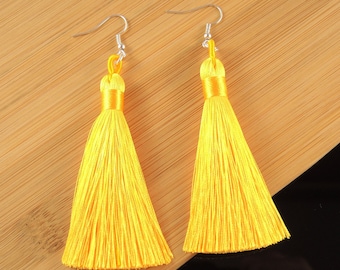 Yellow Silk Tassel Earrings: Bohemian Dangle Earrings, Hypoallergenic Hooks