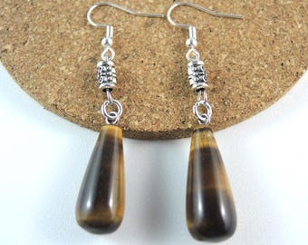 Tiger's Eye Dangle Drop Earrings: Antique Silver Beads, Bohemian Style