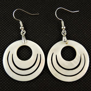 Natural Round Carved Shell Bohemian Dangle Fashion Statement Earrings with Silver Plated Hooks # 618