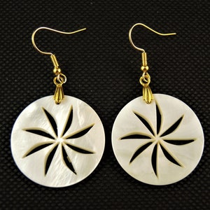Natural, Carved, Round Shell, Bohemian, Dangle Drop, Fashion Earrings, Golden Colour Hooks # 729