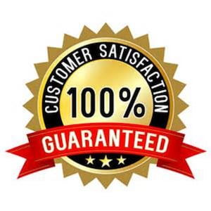 May include: A gold-coloured customer satisfaction seal with a black border. The seal has the words "CUSTOMER SATISFACTION" and "100%" in black. A red ribbon below reads "GUARANTEED" with three gold stars.