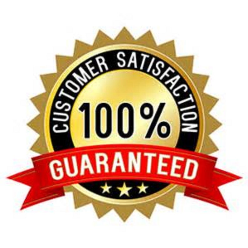 May include: A gold-coloured customer satisfaction seal with a black border. The seal has the words "CUSTOMER SATISFACTION" and "100%" in black. A red ribbon below reads "GUARANTEED" with three gold stars.