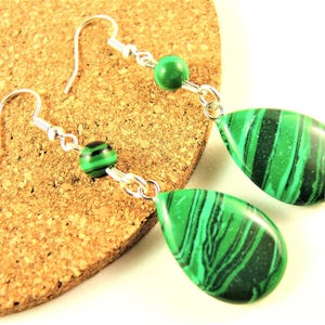 Malaquita, Lágrima, Piedra preciosa, Boho, Pendientes colgantes, Pendientes de cuentas, Moda, Ganchos plateados