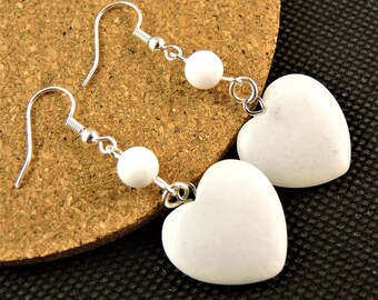 Jade blanc, coeur de pierres précieuses, paire bohème, pendentifs et pendants, boucles d'oreilles en perles, crochets plaqués argent