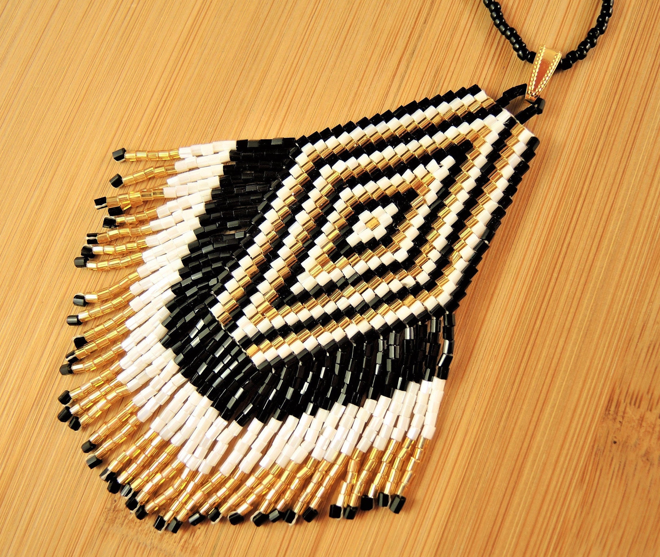 Miyuki, Handmade, Black, White, Gold, Beaded, Large Pendant Miyuki, Handmade, Black, White, Gold, Beaded, Large Pendant