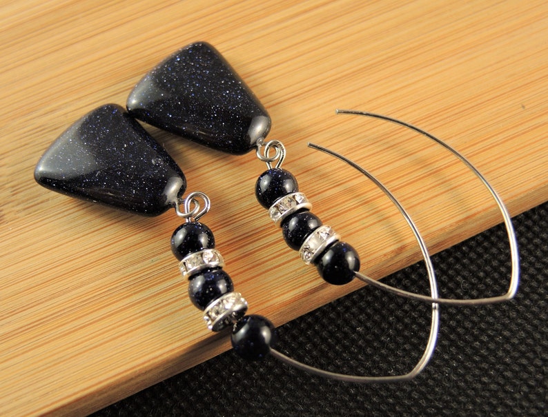 Blue Goldstone Trapezoid Gemstone Statement Pair of Dangle Fashion Beaded Earrings with Stainless Steel Oval Hooks # 403