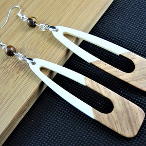 Bohemian Wood Resin Dangle Earrings: Tigers Eye Beads, Silver Plated Hooks