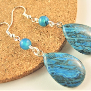 Blue Agate Teardrop Earrings: Bohemian Dangle Earrings, Silver Plated Hooks