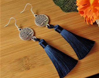 Navy Blue Tree of Life Earrings: Silk Tassel Bohemian, Dangle Drop