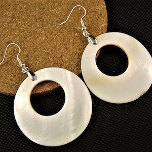 Natural, Carved, Large Round Shell, Bohemian, Dangle Drop, Fashion, Statement Earrings, Silver Plated Hooks