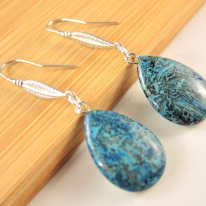 Blue Agate Teardrop Earrings: Platinum Leaf Hooks, Boho Dangle Drop Pair
