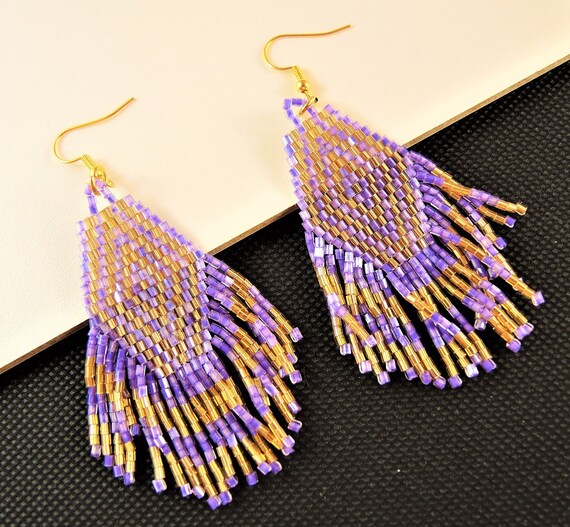 Miyuki Light Purple and Gold Beaded Handmade Dangle Fashion - Etsy ...