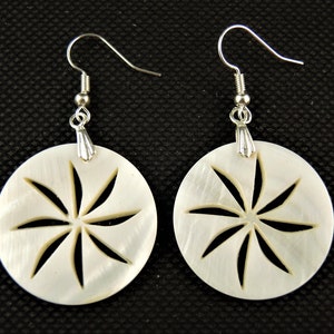Natural, Round, Carved Shell, Bohemian, Dangle Drop, Fashion, Statement Earrings, Silver Plated Hooks # 752