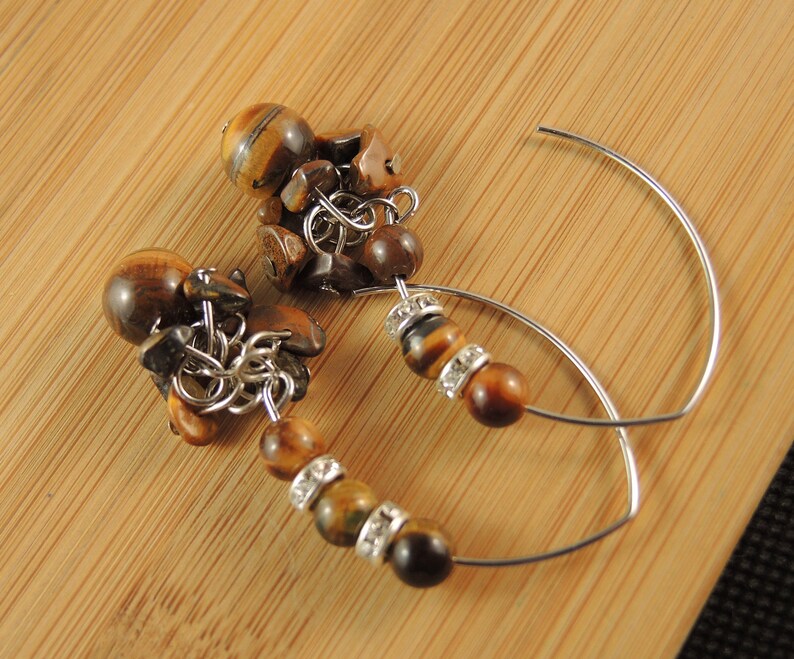 Tigers Eye Gemstone Chips Statement Pair of Dangle Bohemian Earrings with Stainless Steel Oval Hooks # 1249