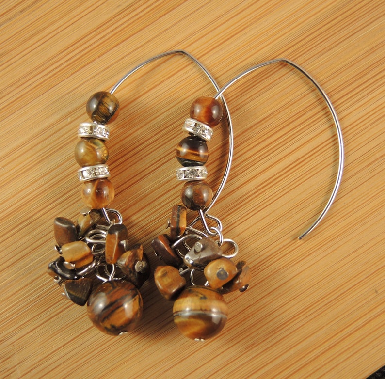 Tigers Eye Gemstone Chips Statement Pair of Dangle Bohemian Earrings with Stainless Steel Oval Hooks # 1249
