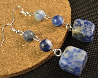 Blue Sodalite Tumbled Stone Gemstone Nuggets Bohemian Pair of Long Dangle Beaded Earrings with Silver Plated Hooks # 454