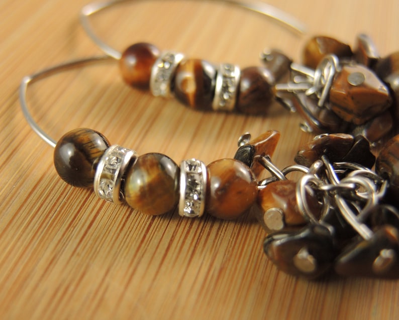 Tigers Eye Gemstone Chips Statement Pair of Dangle Bohemian Earrings with Stainless Steel Oval Hooks # 1249