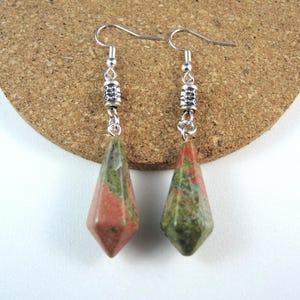 Unakite Gemstone Dangle Drop Earrings: Antique Silver Beads, Bohemian Style
