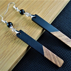 Bohemian, Wood Black Resin, Dangle & Drop Earrings, Lightweight Earrings, Black Agate Beads, Silver Plated Hooks, #27