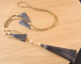 Beaded Long Bohemian Grey Tassel Necklace with White Howlite Gemstone Beads # B107