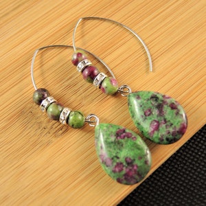 Ruby Zoisite Teardrop Earrings: Stainless Steel Dangle Earrings