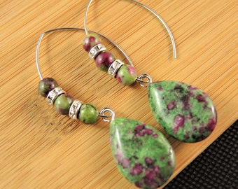Boucles d'oreilles goutte zoisite rubis : boucles d'oreilles pendantes en acier inoxydable