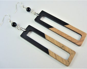 Natural Rectangle Wood, Black Resin, Long Dangle Drop Earrings, Lightweight Wood Earrings, Black Agate Beads, Silver Plated Hooks # 862