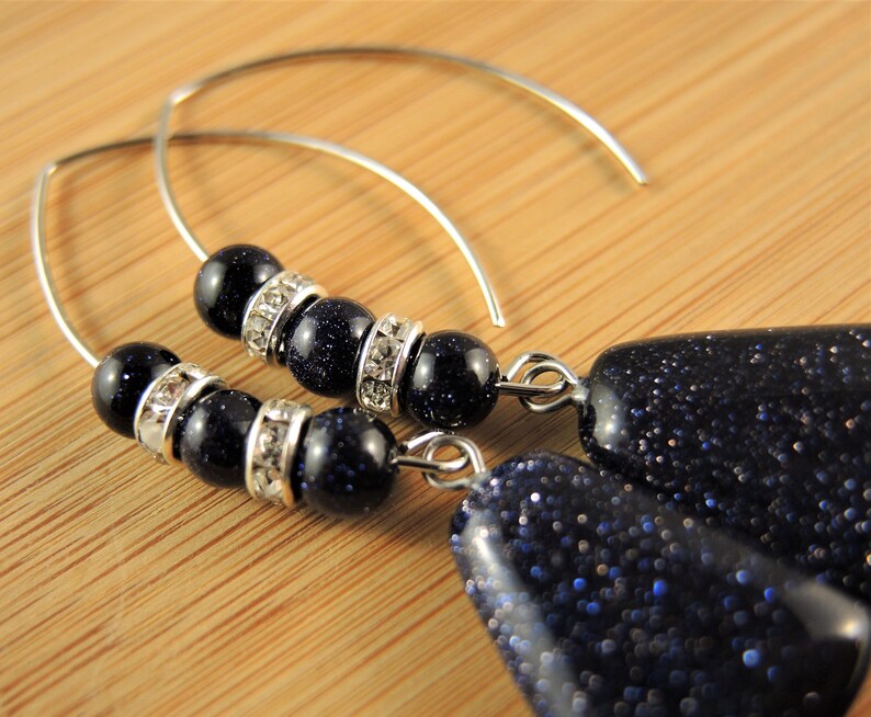 Blue Goldstone Trapezoid Gemstone Statement Pair of Dangle Fashion Beaded Earrings with Stainless Steel Oval Hooks # 403