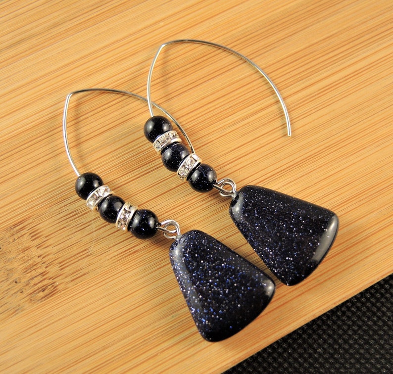 Blue Goldstone Trapezoid Gemstone Statement Pair of Dangle Fashion Beaded Earrings with Stainless Steel Oval Hooks # 403