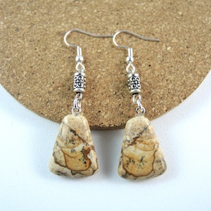 Natural Picture Jasper, Gemstone, Dangle Drop Earrings, Statement, Antique Silver Beads, Bohemian, Fashion, Silver Plated Hooks