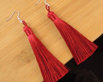Dark Red Tassel, Silk Polyester, Fringe, Bohemian, Dangle & Drop Earrings, Silver Hypo-Allergenic Hooks,