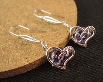 Purple, Glass, Love Fashion, Dangle Drop Earrings, Platinum Plated, Loop Leaf Hooks # 683