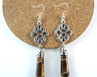 Tiger's Eye Dangle Drop Earrings: Antique Silver Symbol, Bohemian Style