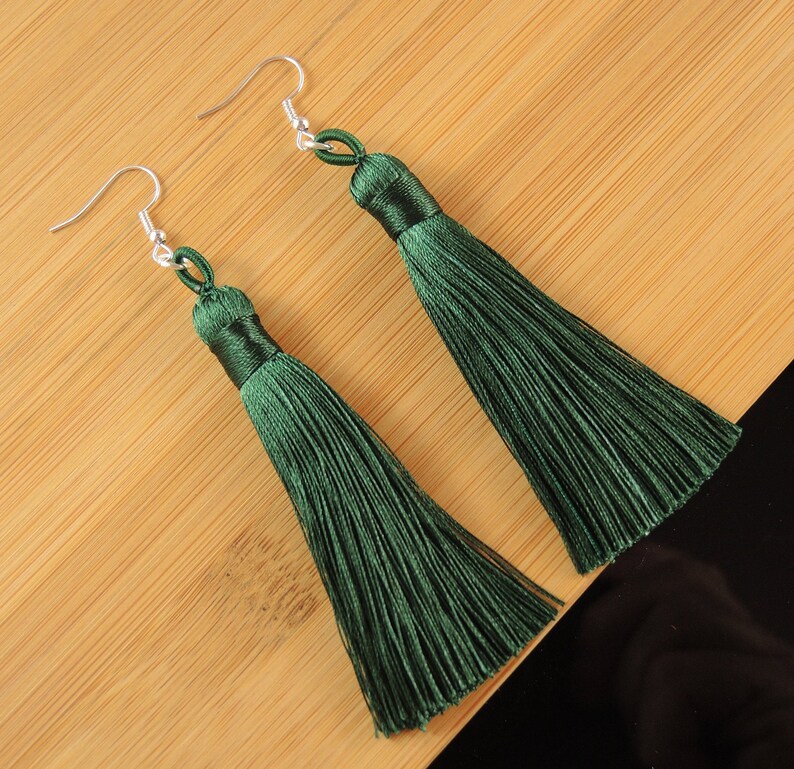 Dark Green Tassel Silk Polyester Fringe Bohemian Statement Dangle Fashion Earrings with Silver Hypo-Allergenic Hooks #2187