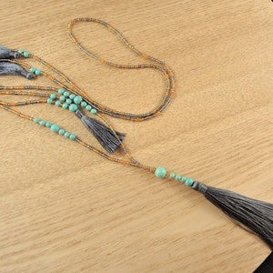Grey Gold Beaded Long Bohemian Grey Tassel Necklace with Turquoise Gemstone Beads # B90
