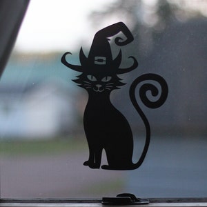 Halloween Black Scary Cat in a Witch Hat Reusable Window cling decal, Reusable Peel and Stick Decals,  holiday easy Halloween decorations