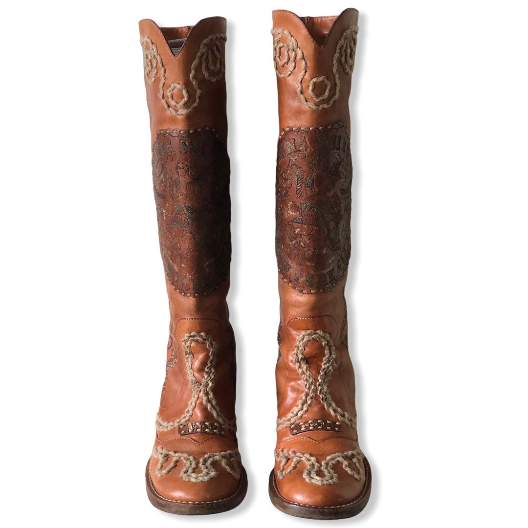 ANNA SUI Vintage Boots Cognac Leather Textile- EU37,5/UK4,75