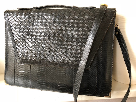 Vintage snakeskin print briefcase, work bag, blac… - image 8