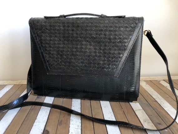Vintage snakeskin briefcase, work bag, black, brai