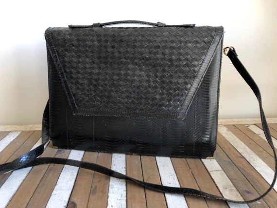 Vintage snakeskin print briefcase, work bag, blac… - image 1