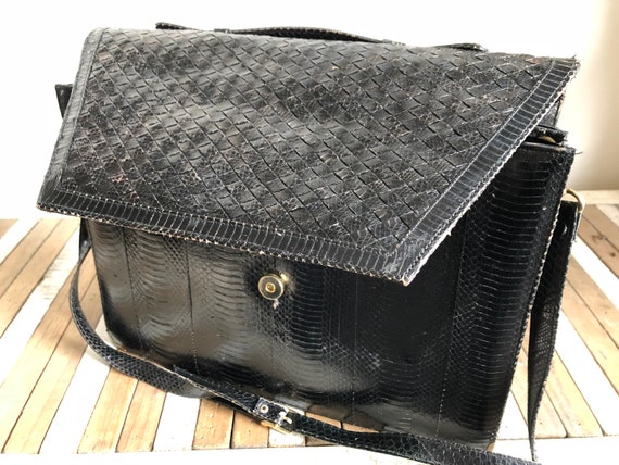 Vintage snakeskin print briefcase, work bag, blac… - image 5
