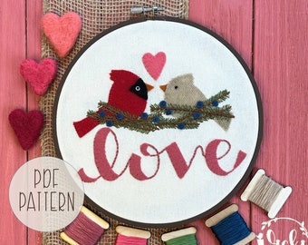 Valentines Day Embroidery, Embroidery Pattern PDF, Wool Applique, Embroidery Hoop Art, Love, Cardinals