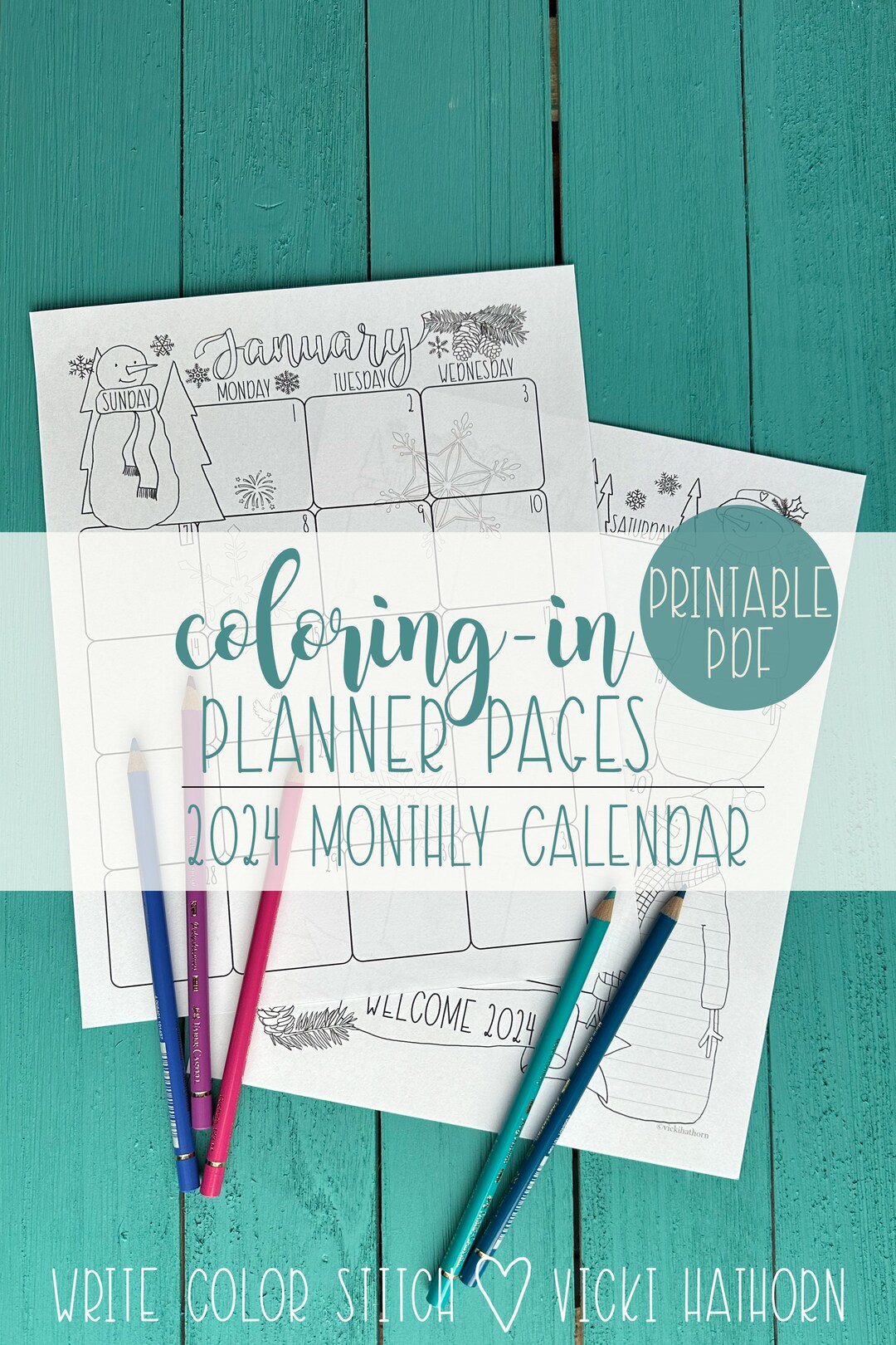 Coloring Planner, Monthly Calendar Printable, 2024, Two Page, Coloring