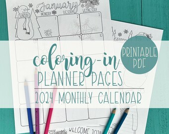 Coloring Planner, Monthly Calendar Printable, 2024, Two Page, Coloring Book Planner, Moon Cycles, Hand-drawn, Instant Download