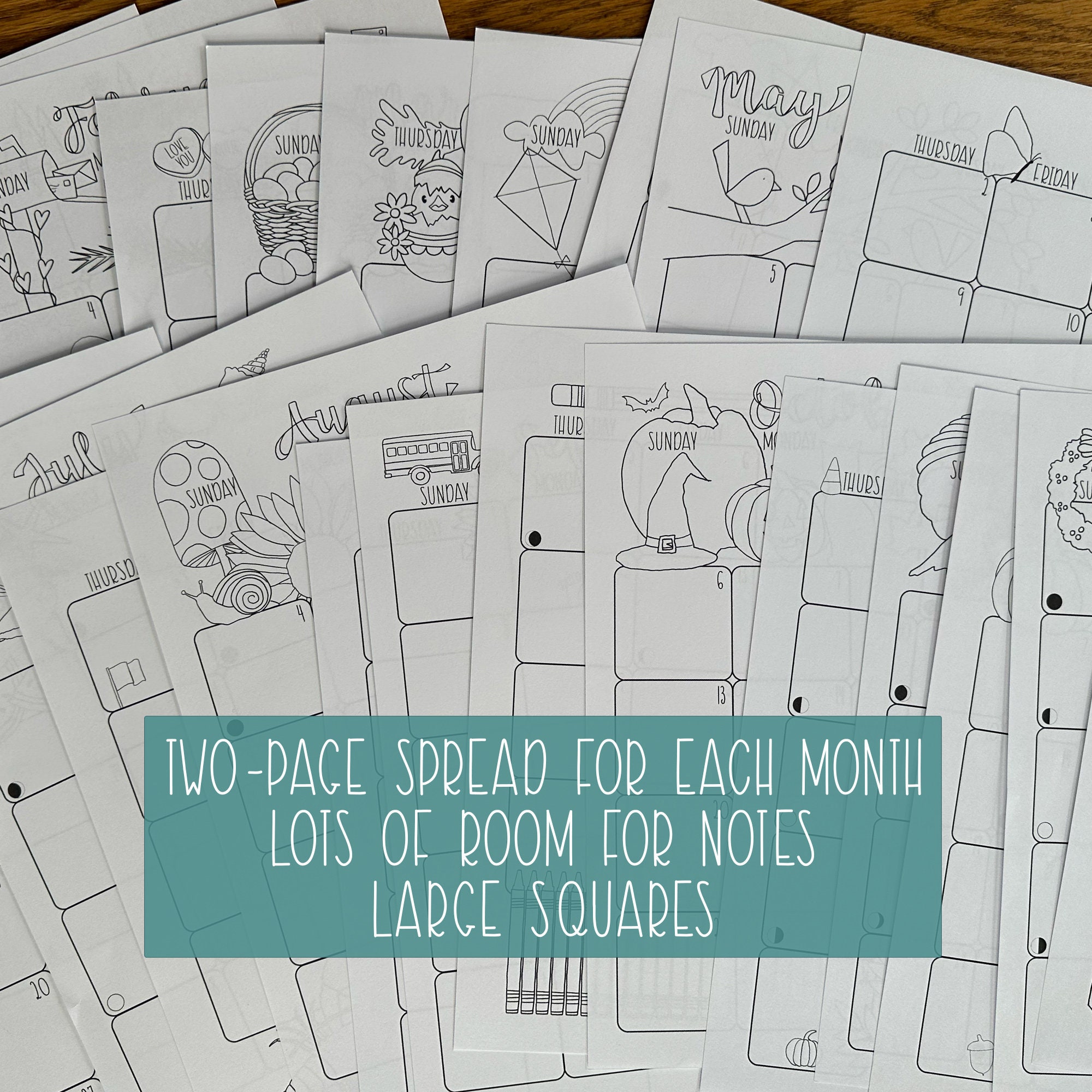 Coloring Planner, Monthly Calendar Printable, 2024, Two Page, Coloring